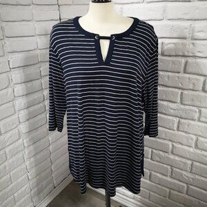 Laura Plus Ladies Size 1X Navy & White Striped V-neck 3/4 Sleeves Tunic Top